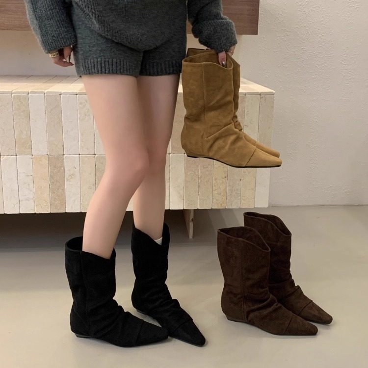 2025年秋冬季新款复古尖头褶皱堆堆中筒靴女内增高绒面西部牛仔靴,女鞋,西部靴,淘宝优惠券,粉丝福利购,淘宝优惠卷