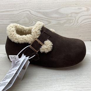 真皮博肯鞋2025冬季新款复古加绒一脚蹬咖啡羊毛口保暖内增高女鞋