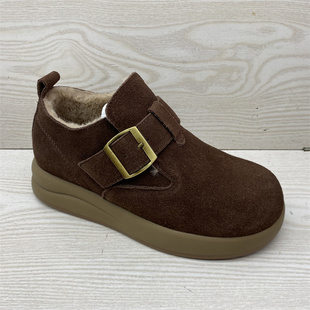 真皮博肯鞋2025新款冬鞋复古平底深口内增高加厚加绒套脚女棉鞋潮