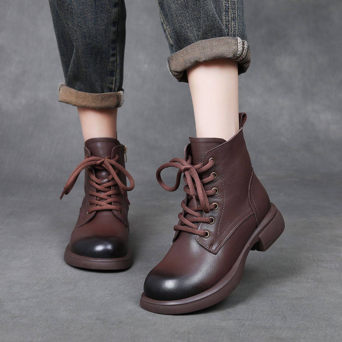 真皮马丁靴女2025冬季新款英伦复古系带加绒厚底短靴头层牛皮单靴