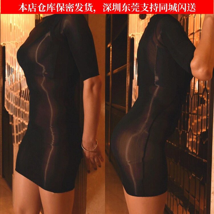 透视油光袜超短裙伪娘变装油亮丝滑超薄包裙性感透明包臀连体丝袜
