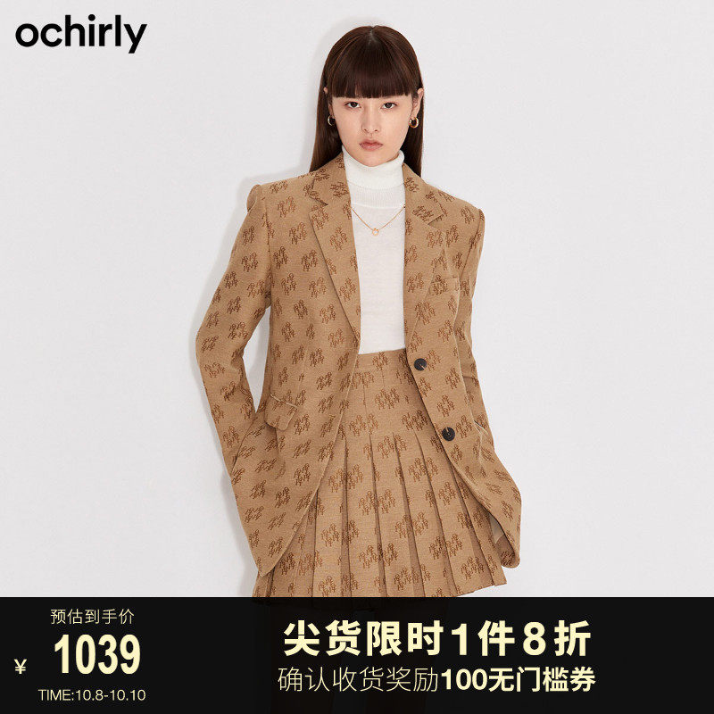 ochirly欧时力2021新款秋冬老花提花中长款西装外套女1NC3043490