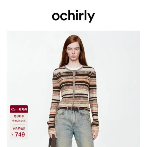 OCHIRLY欧时力圆领条纹针织外套