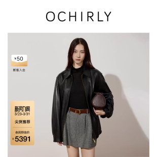 OCHIRLY欧时力 油蜡羊皮夹克真皮外套女士皮衣老钱风秋季