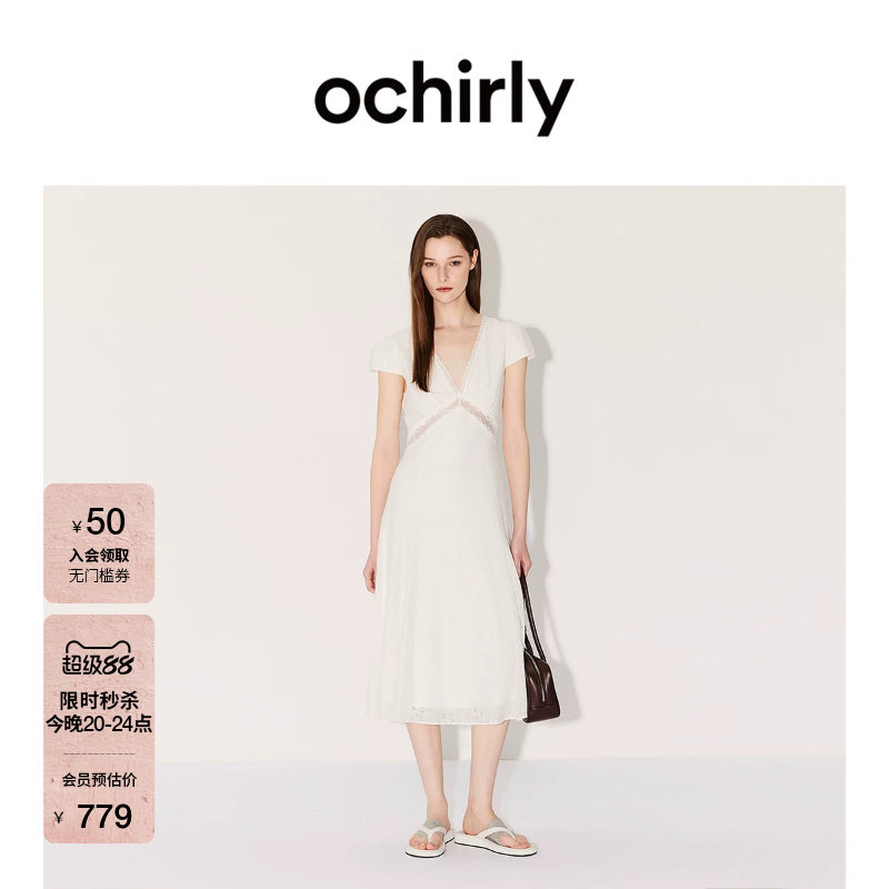 OCHIRLY欧时力蕾丝V领连衣裙图片