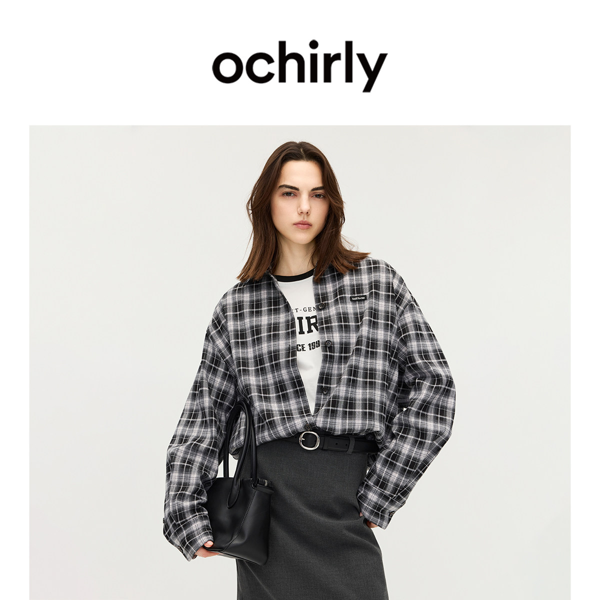 OCHIRLY欧时力  黑白格子衬衫半身裙套装羊毛衫长袖T恤25