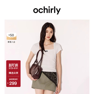 方领缩褶正肩短袖 OCHIRLY欧时力 t恤短上衣显瘦2026春夏 新品