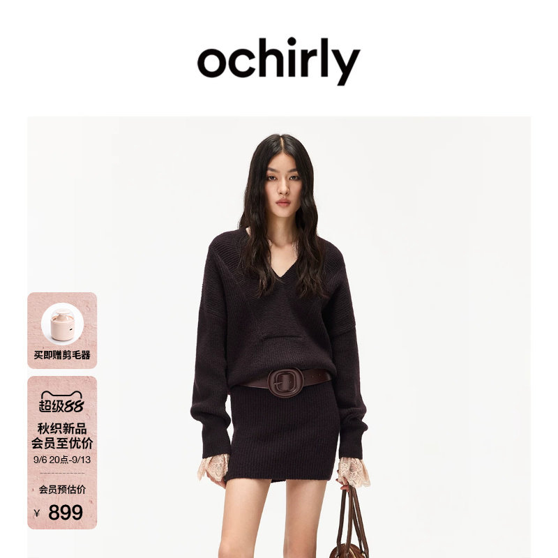 OCHIRLY欧时力V领毛织连衣裙图片