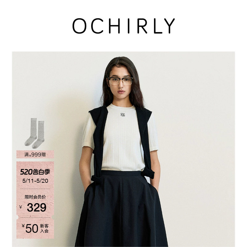 OCHIRLY欧时力 100%干爽棉短袖针织衫女上衣刺绣透气夏新