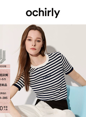 【新品】OCHIRLY欧时力 撞色条纹短袖针织衫2026夏上衣刺绣空调衫