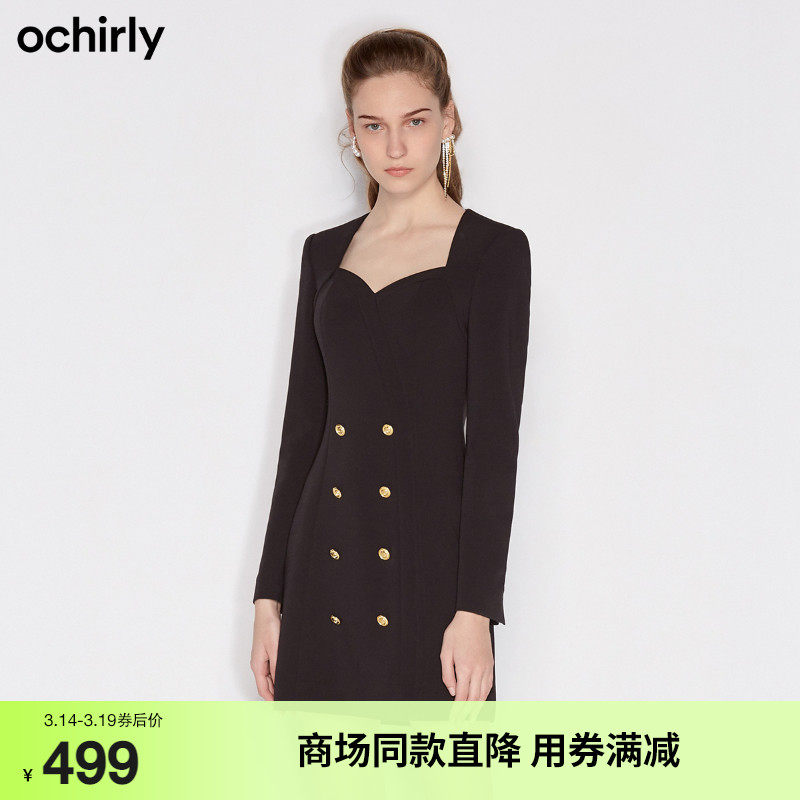 ochirly欧时力春季新品双排扣心形领短款英伦连衣裙女1NY3080230