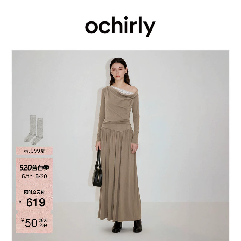 【新品】OCHIRLY欧时力 斜肩连衣裙2026早夏荡领蕾丝花边