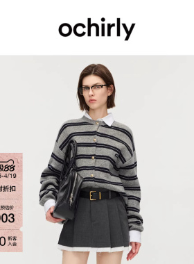 OCHIRLY欧时力  羊毛条纹针织外套休闲上衣圆领开衫秋冬