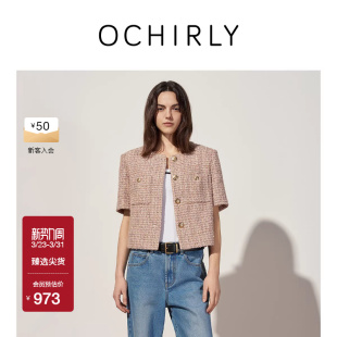 OCHIRLY欧时力 外套女圆领上衣正肩春夏 小香风花纱短袖