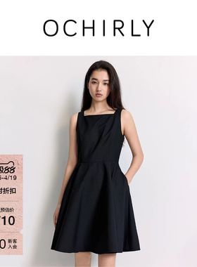 OCHIRLY欧时力  方领背心连衣裙吊带小黑裙无袖复古夏新