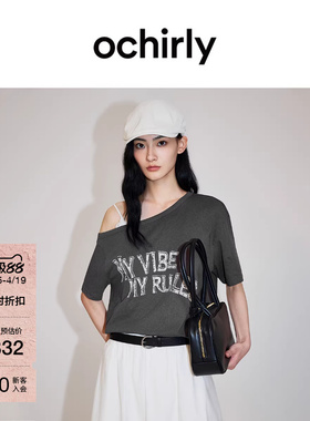 【新品】OCHIRLY欧时力 T恤女2026春夏棉麻斜肩美式复古印花短袖