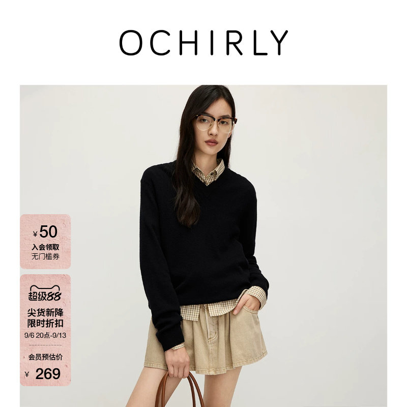 OCHIRLY欧时力  澳大利亚进口羊毛V领毛衣女上衣软糯秋冬