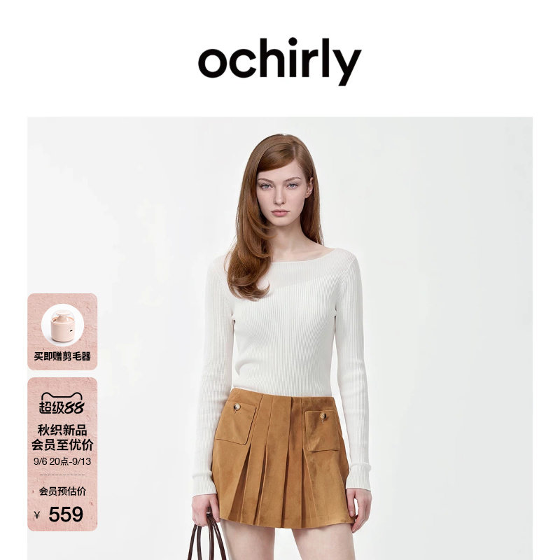 [新品]OCHIRLY欧时力 毛衣2026秋100%美丽诺羊毛一字领针织打底衫