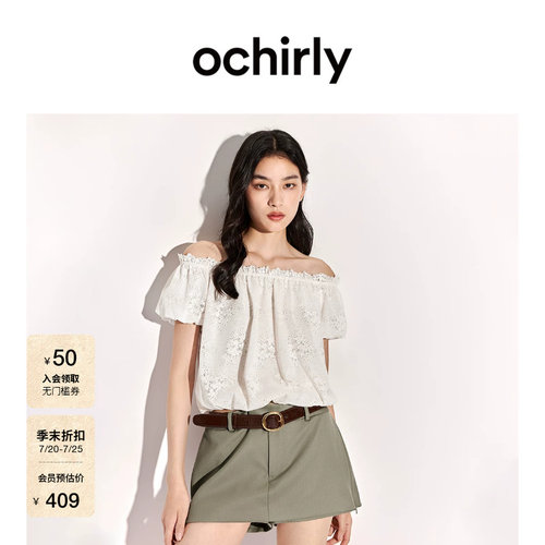 OCHIRLY欧时力蕾丝一字短袖衬衫