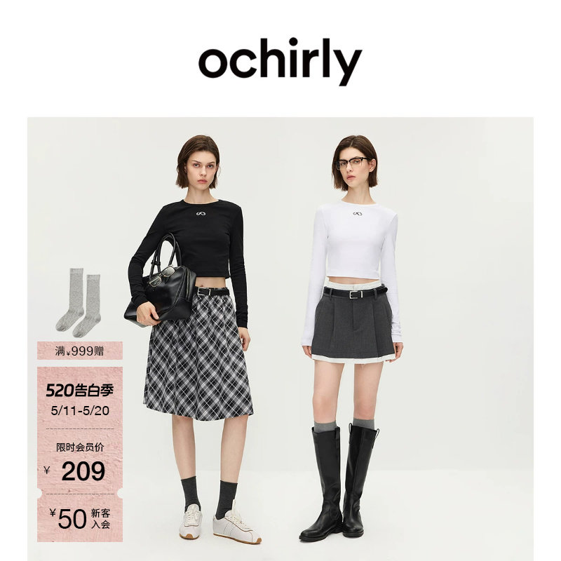 OCHIRLY欧时力  印花长袖T恤女上衣圆领修身休闲简约夏款