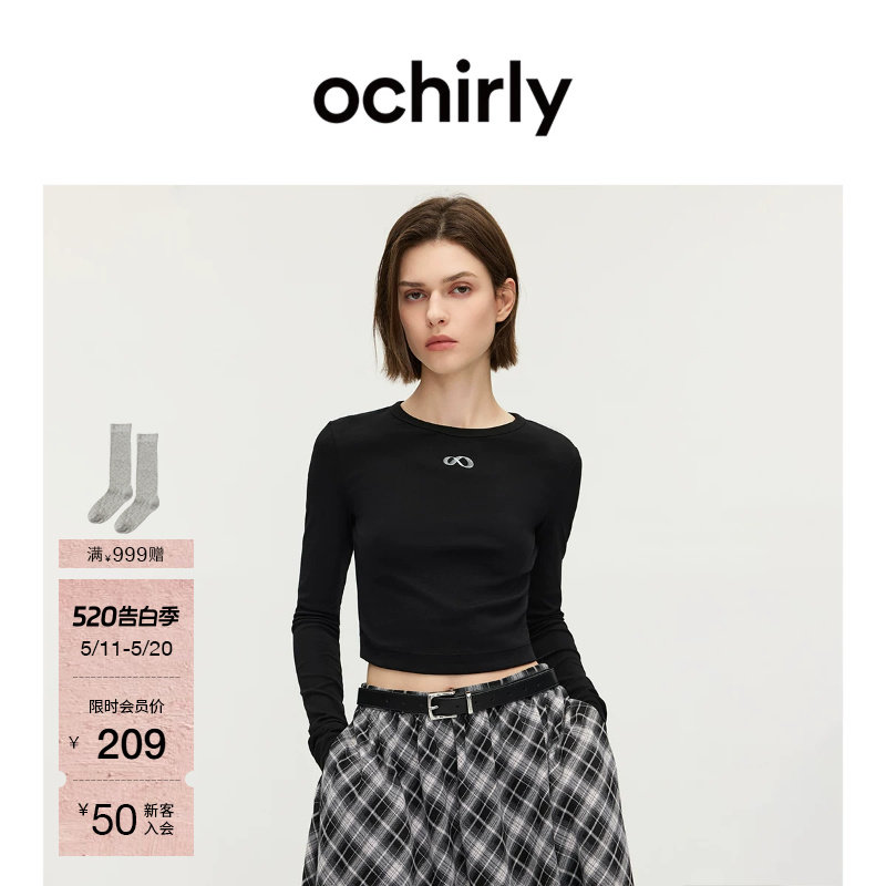 OCHIRLY欧时力  印花长袖T恤女上衣圆领修身休闲简约夏款