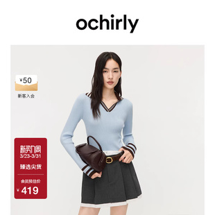 春款 OCHIRLY欧时力 羊毛V领撞色条纹针织毛衣女翻领修身