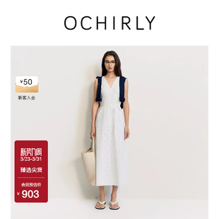 OCHIRLY欧时力 连衣裙长裙腰带25夏 镂空蕾丝绣花V领无袖
