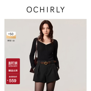 OCHIRLY欧时力 女士高级流行冬 波浪边V领针织毛衣提花修身