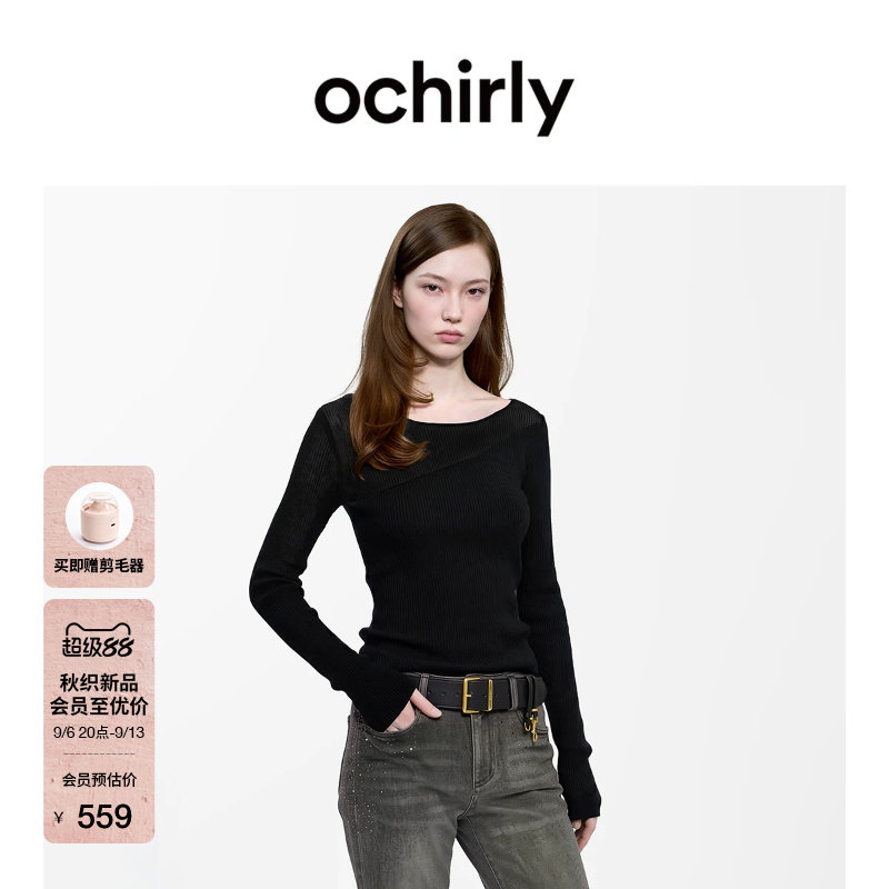 [新品]OCHIRLY欧时力 毛衣2026秋100%美丽诺羊毛一字领针织打底衫
