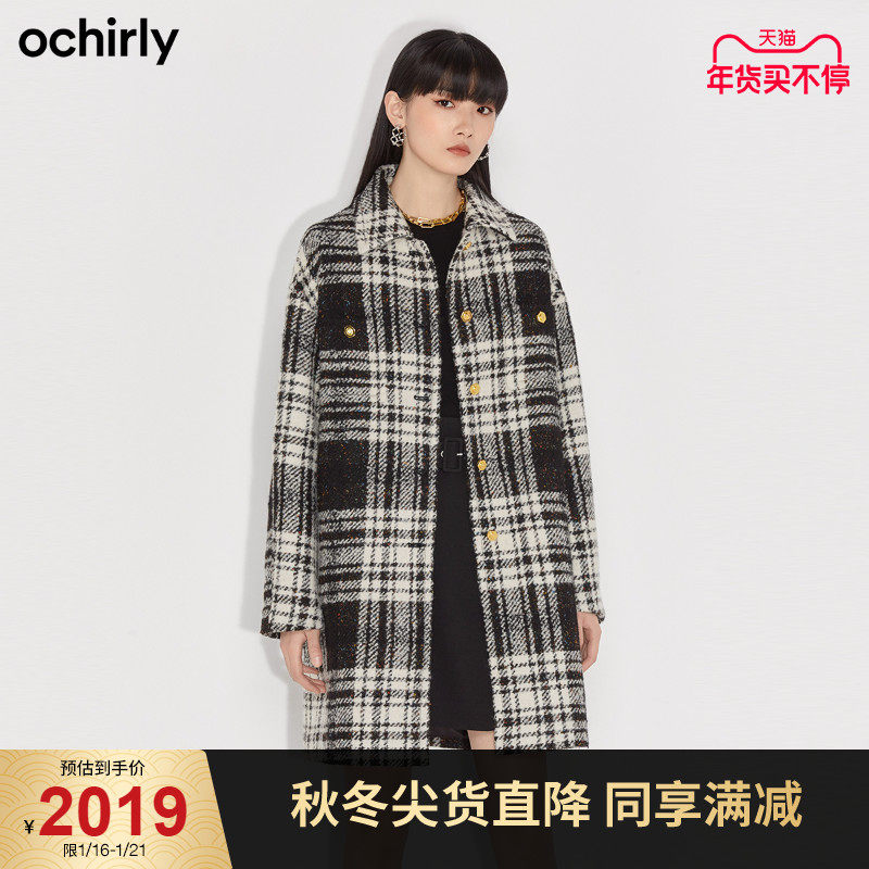 直降 欧时力2021新款冬装格子排扣毛呢中长大衣女1NH4345540