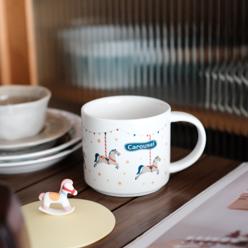 自制旋转木马杯 带盖陶瓷杯大容量耐热卡通咖啡水杯手柄马克杯子