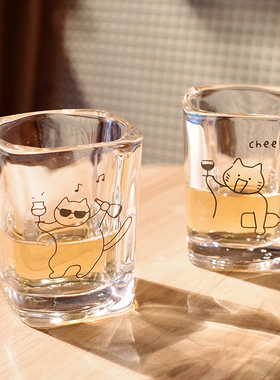 干杯！好看的简笔画小猫玻璃小白酒杯一口迷你小烧酒杯清酒果酒杯