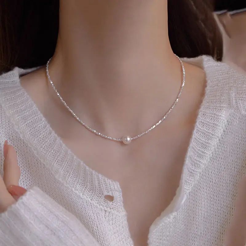 S999足银碎银子珍珠项链女法式轻奢小众锁骨链ins风网红碎银几两