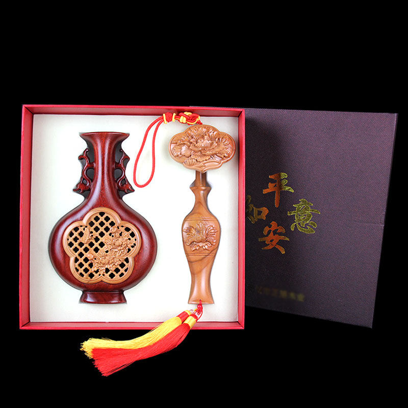 桃木平安如意伴手礼平安瓶随手礼木雕富贵牡丹办公桌面工艺品