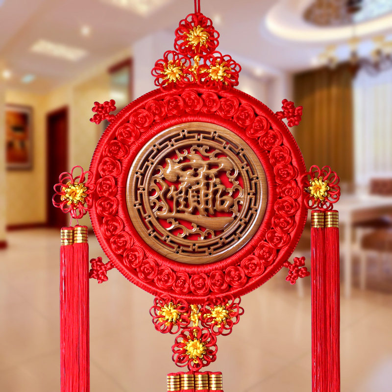 桃木中国结麒麟五福挂件团锦福字壁挂客厅玄关乔迁结婚家居装饰品