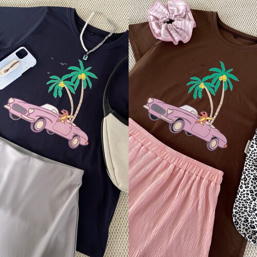 特价no退换NYTSTUDIO微胖正肩T恤宽松夏季椰树印花圆领短袖女大码