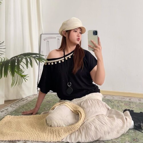 特价no退换NYTSTUDIO微胖斜肩T恤宽松黑色「波西少女」短袖女大码