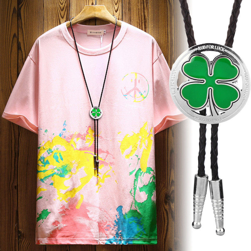 长款吊坠原创设计四片草项链男百搭配饰短袖波洛领绳夏季嘻哈新品