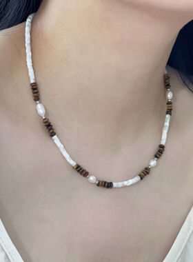 秋冬虎眼石项链法式手工串珠贝壳天然珍珠项链女虎眼石气质锁骨链