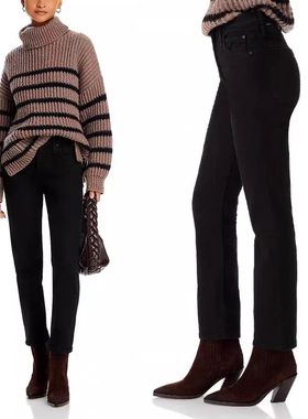 代购mother冬季加绒黑色蓝色弹力显瘦小直筒烟管窄版九分牛仔裤女