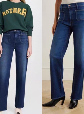 代购mother25年新款深蓝色前贴口袋高腰弹力百搭显瘦直筒牛仔裤女