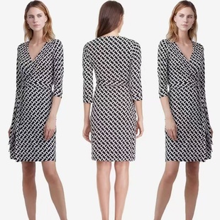 经典 新款 黑白锁链印花针织桑蚕丝收腰裹身连衣裙 DVF2025夏季 代购