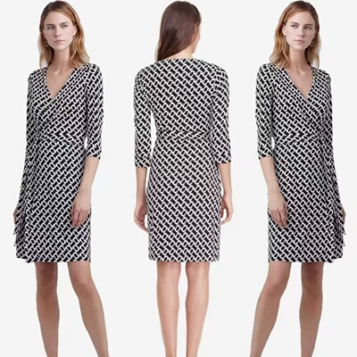 DVF黑白锁链束腰真丝女连衣裙