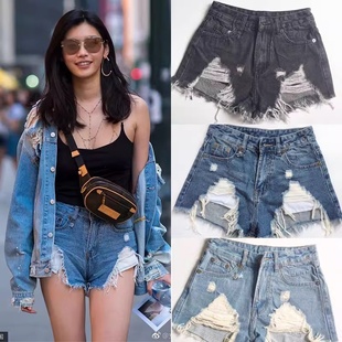 性感辣妹牛仔短裤 2025高腰显瘦直筒毛边破洞热裤 r13新款 美国代购