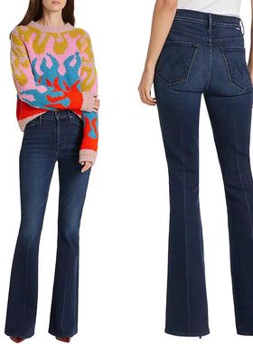 美国代购mother新款高腰深蓝色中线弹力修身大喇叭拖地裤牛仔长裤