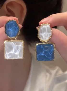 蓝色不对称ab款几何方形耳环小众设计高级感气质纯银针耳钉耳饰女