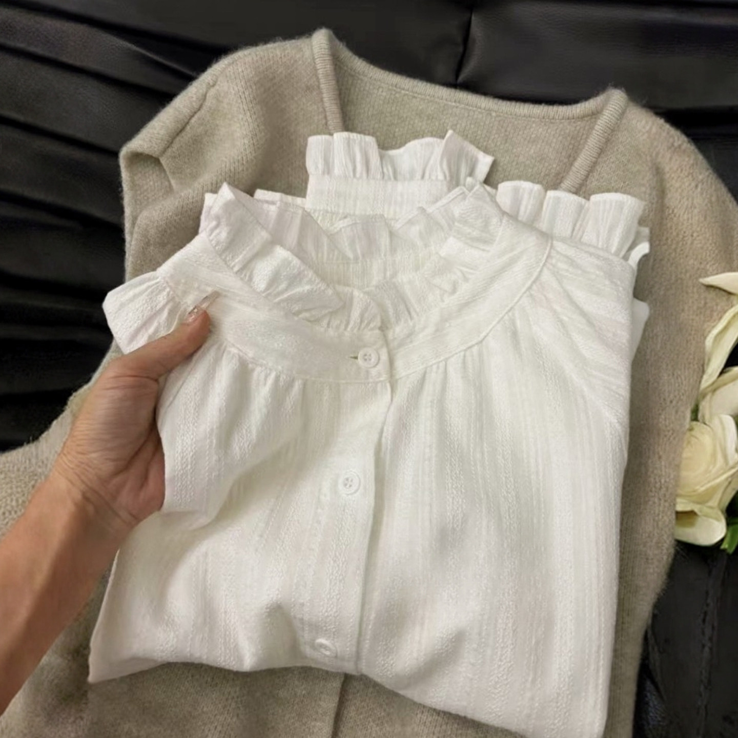 法式甜美千金感长袖白色衬衫女2026春学院风设计木耳花边上衣韩版,女装/女士精品,衬衫,淘宝优惠券,粉丝福利购,淘宝优惠卷