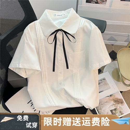 短袖蝴蝶结娃娃领学院风白色衬衫