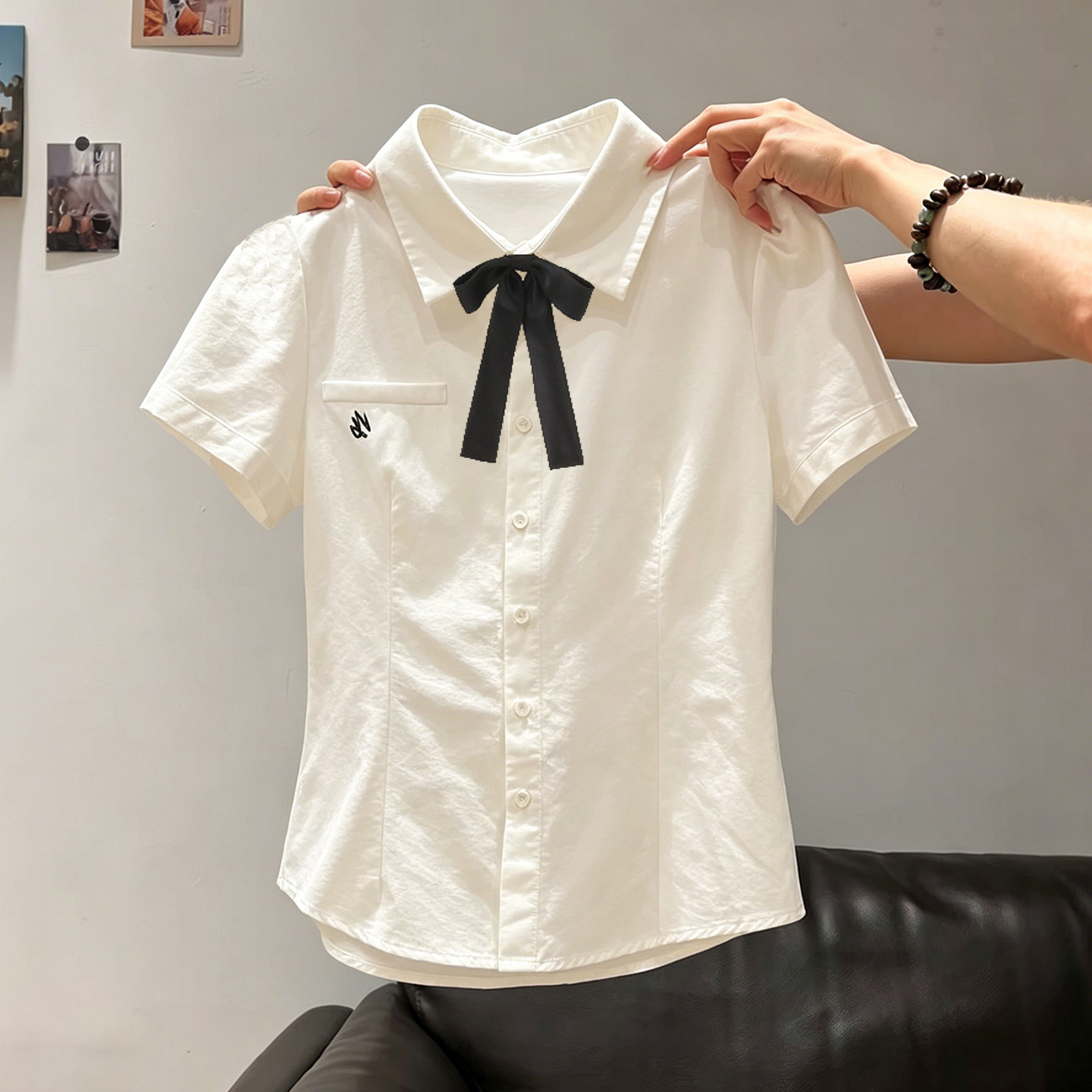 学院风蝴蝶结刺绣短袖白衬衫女夏季薄款修身显瘦小个子jk短款上衣