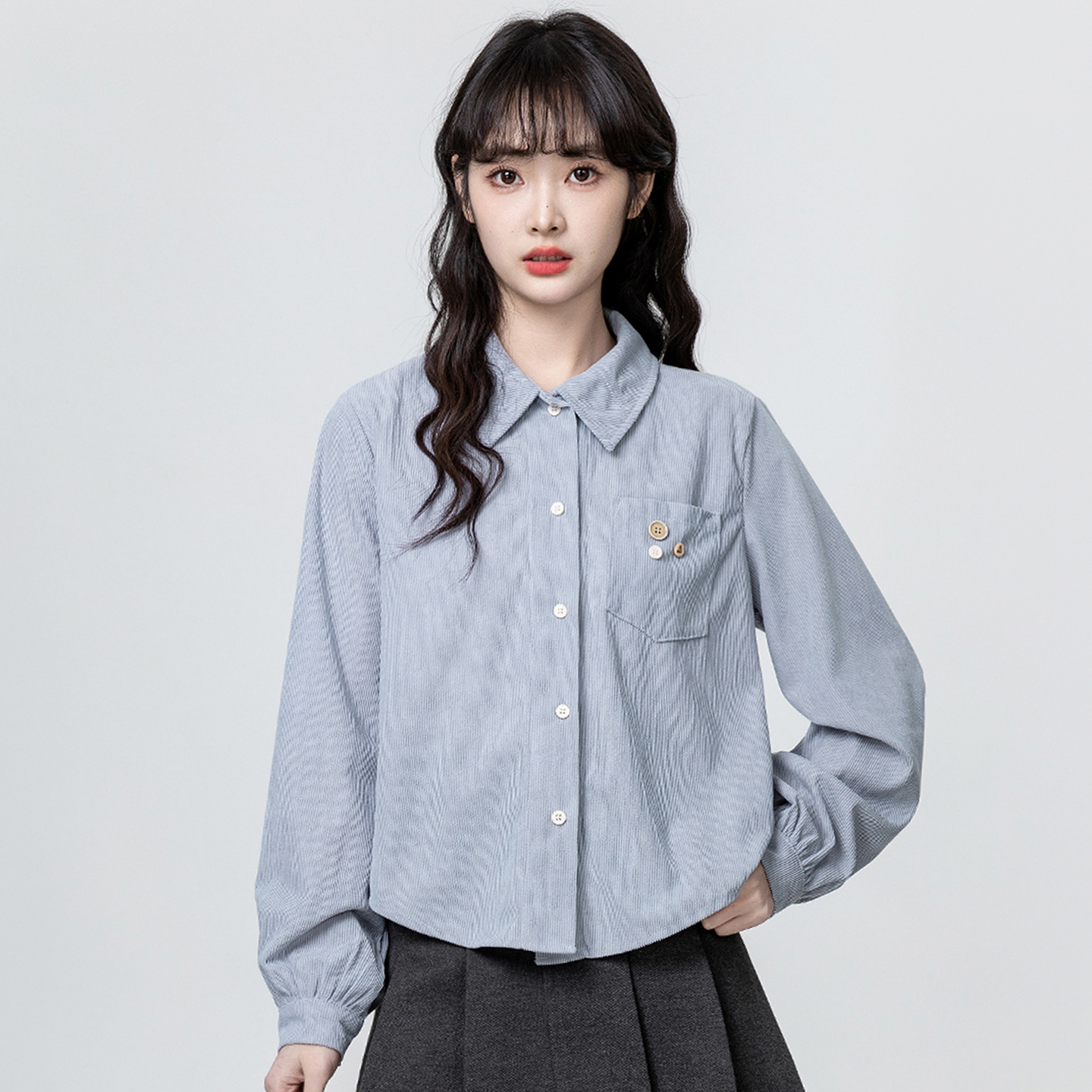 法式复古浅灰色灯芯绒长袖衬衫女
